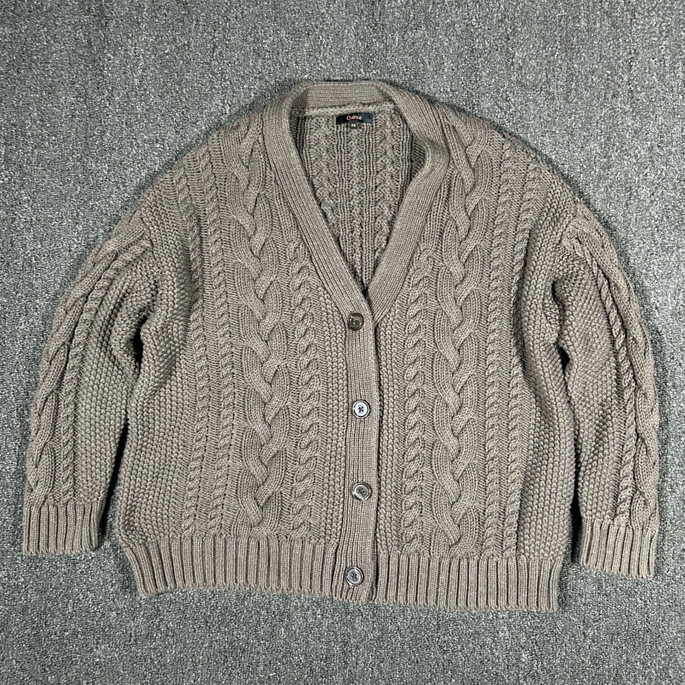 Quince Cable Knit Cardigan Womens XS Brown Organic Cotton V-Neck Chunky Sweater